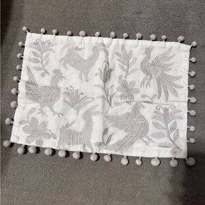 Embroidered White & Gray Decorative Pillow Cover Pom Pom Trim Animal Floral